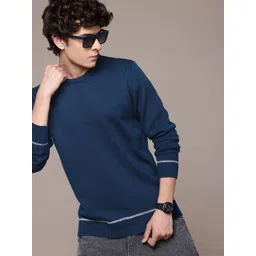 roadster Men Solid Round Neck Dark Blue Sweater-picture-37