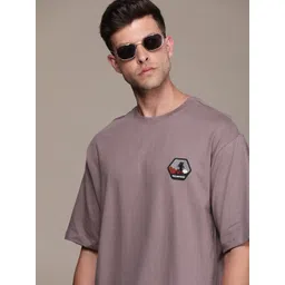 roadster Men Solid Round Neck Pure Cotton Purple T-Shirt-picture-19