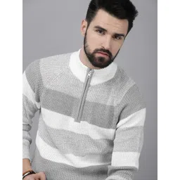 roadster Men Striped High Neck Grey Sweater-picture-28