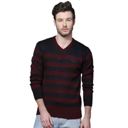 roadster Men Striped V Neck Maroon Sweater-picture-26