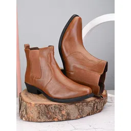 Roadster Men Tan Cowboy Mid-Top Slip-On Chelsea Boots-image-31