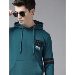 Roadster Men Teal Blue Printed Applique Hooded Sweatshirt-picture-19