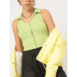 roadster Pastel Glow Split Shirt Glam Buttoned Flair Crop Top-picture-33