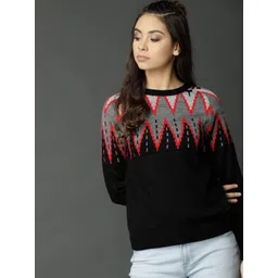 Roadster Women Black & Grey Self Design Pullover-image-8