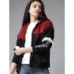 Roadster Women Black & Maroon Colourblocked Hooded Sweatshirt-picture-21
