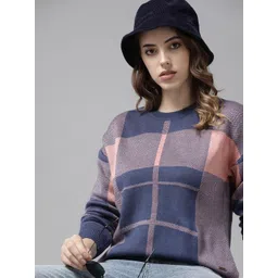Roadster Women Blue & Pink Self Design Checked Pullover-picture-17