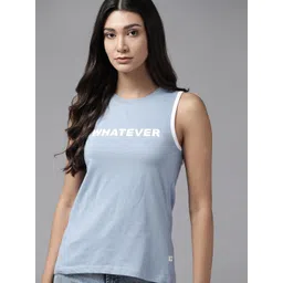 Roadster Women Blue & White Typography Printed Pure Cotton T-shirt-picture-35