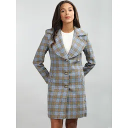 Roadster Women Blue Checked Polyester Regular Fit Trench Coat-picture-37