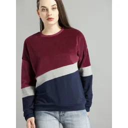 Roadster Women Burgundy & Navy Colourblocked Sweatshirt-picture-17