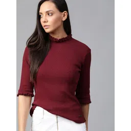 Roadster Women Burgundy Ribbed Pure Cotton Top-picture-14