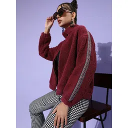 Roadster Women Burgundy Solid Sherpa Sweatshirt-picture-24