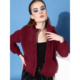 Roadster Women Burgundy Solid Sherpa Tailored Jacket-picture-23