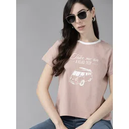 Roadster Women Dusty Pink & White Printed Pure Cotton T-shirt-picture-14