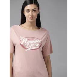 Roadster Women Dusty Pink Typography Printed Drop-Shoulder Sleeves Pure Cotton T-shirt-picture-16