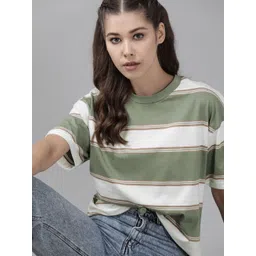 Roadster Women Green & White Striped Pure Cotton T-shirt-picture-21