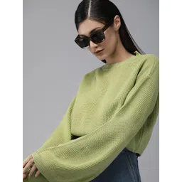 Roadster Women Green Self Design Pullover Sweater-image-2