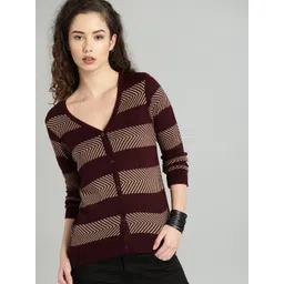 Roadster Women Maroon & Beige Self Design Cardigan-picture-38