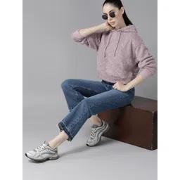 Roadster Women Mauve Boucle Hooded Sweatshirt-picture-42