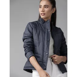 Roadster Women Navy Blue Solid Padded Jacket-picture-17
