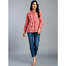 Roadster Women Pink Printed Cotton Tops image 1