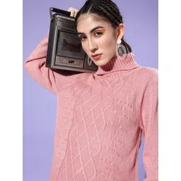 Roadster Women Pink Self-Design Open-Knit Pullover-image-10
