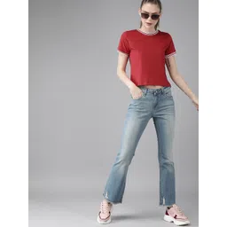 Roadster Women Red Solid Round Neck Pure Cotton T-shirt image 4