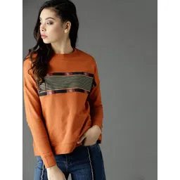 Roadster Women Rust Orange Striped Sweatshirt-picture-20