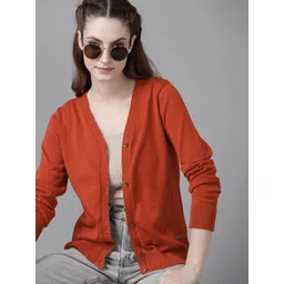 Roadster Women Rust Solid Pure Cotton V-Neck Cardigan-picture-34