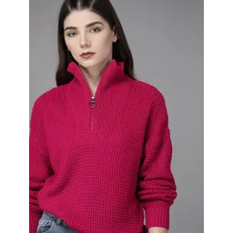 roadster Women Self Design High Neck Pink Sweater-picture-15