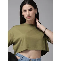 Roadster Women Solid Drop-Shoulder Sleeves Boxy Crop T-shirt-picture-33