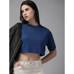 Roadster Women Solid Drop-Shoulder Sleeves Boxy Crop T-shirt-picture-34