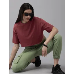 Roadster Women Solid Drop-Shoulder Sleeves Boxy Crop T-shirt-picture-36