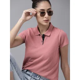 roadster Women Solid Polo Neck Pure Cotton Pink T-Shirt-picture-13