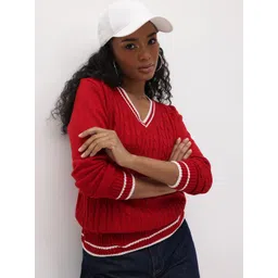 The Roadster Life Co. Contrast Striped Pure Acrylic Cable Knit Pullover-picture-22