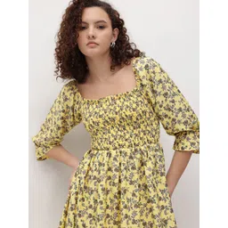 The Roadster Life Co. Floral Print Smocked Detail Puff Sleeves Georgette Fit & Flare Dress-picture-17