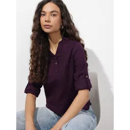 The Roadster Life Co. Mandarin Collar Roll-Up Sleeves Cotton Linen Shirt Style Top-picture-16