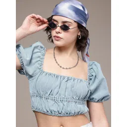 The Roadster Life Co. Pure Cotton Smocked Ruched Puff Sleeve Denim Crop Top-picture-19