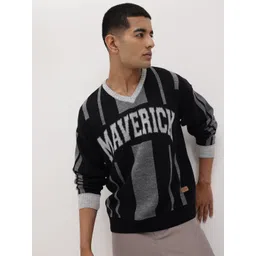 The Roadster Life Co. Typography Self-Design V-Neck Acrylic Pullover with Striped Detail-picture-41