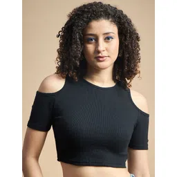 The Roadster Lifestyle Co. Black Cold-Shoulder Sleeves Crop Top-picture-22