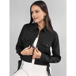 The Roadster Lifestyle Co. Black Spread Collar Crop Corduroy Tailored Jacket-picture-33