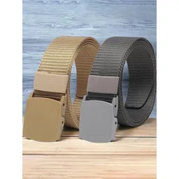 The Roadster Lifestyle Co. Men Beige & Grey Set Of 2 Textured Canvas Belts-picture-20