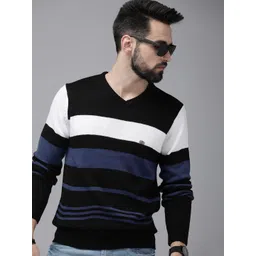 The Roadster Lifestyle Co Men Black & Blue Striped Pullover Sweater-picture-20