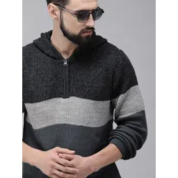 The Roadster Lifestyle Co Men Black & Charcoal Grey Colourblocked Pullover Hooded Sweater-picture-13