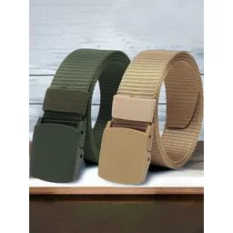 The Roadster Lifestyle Co. Men Green & Beige Set Of 2 Textured Canvas Belts-picture-34