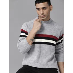 The Roadster Lifestyle Co. Men Grey & Black Striped Acrylic Raglan Sleeves Pullover-picture-39