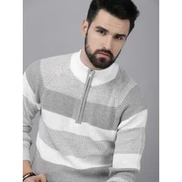 The Roadster Lifestyle Co Men Grey Melange & White Cable Knit Pullover Sweater-picture-37