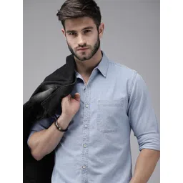 The Roadster Lifestyle Co Men Light Blue Solid Regular Fit Chambray Casual Shirt-picture-14