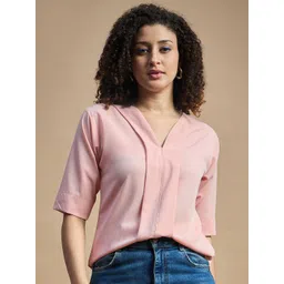 The Roadster Lifestyle Co. Pink V-Neck Shirt Style Top-picture-33