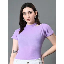 The Roadster Lifestyle Co Ribbed Choker Neck Cut-Out Short Sleeves Tops-picture-12