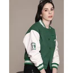 The Roadster Lifestyle Co. Solid Applique Detailed Drop-Shoulder Sleeves Varsity Jacket-picture-40